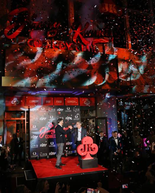 Emmy Award-winning TV host, Jimmy Kimmel, left, and Tony Rodio, right, CEO of Caesars Entertain ...