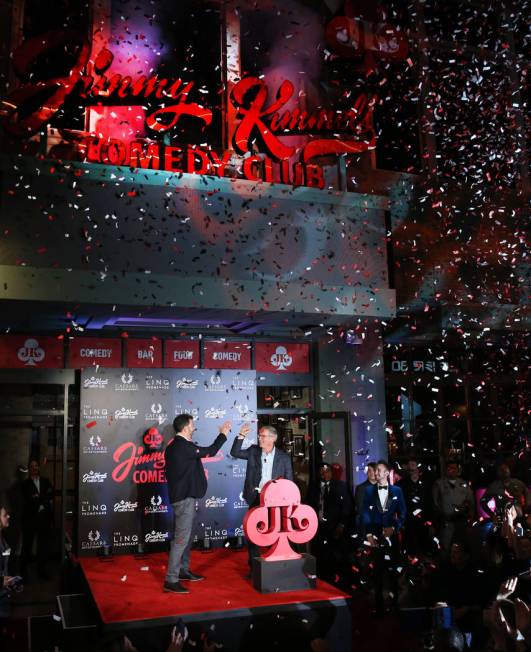 Emmy Award-winning TV host, Jimmy Kimmel, left, and Tony Rodio, right, CEO of Caesars Entertain ...