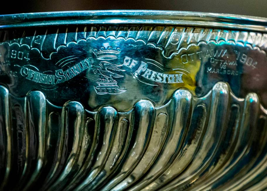 Inscription on the Stanley Cup referencing it being named in 1892 after Lord Stanley of Preston ...