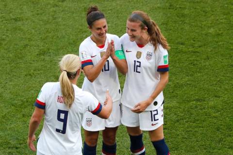 United States' Carli Lloyd , center, celebrates with Lindsey Horan and Tierna Davidson, right, ...