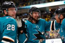 FILE - In this Feb. 16, 2019, file photo, San Jose Sharks' Erik Karlsson, center, celebrates wi ...