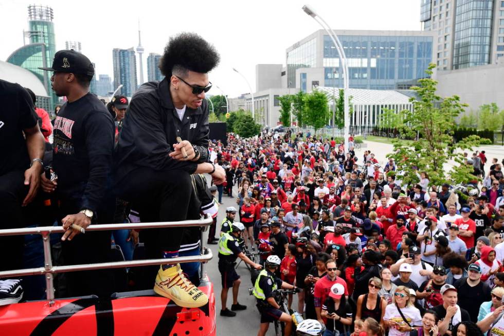 Toronto Raptors guard Danny Green smokes a cigar as he celebrates during the 2019 Toronto Rapto ...