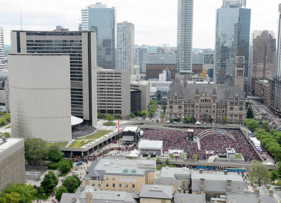 Fans pack Nathan Phillips Square at City Hall ahead of the 2019 Toronto Raptors NBA basketball ...