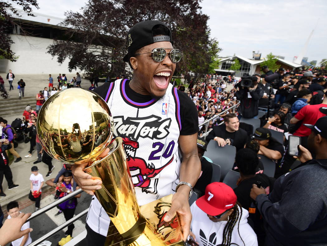 Toronto Raptors guard Kyle Lowry celebrates during the 2019 Toronto Raptors NBA basketball cham ...