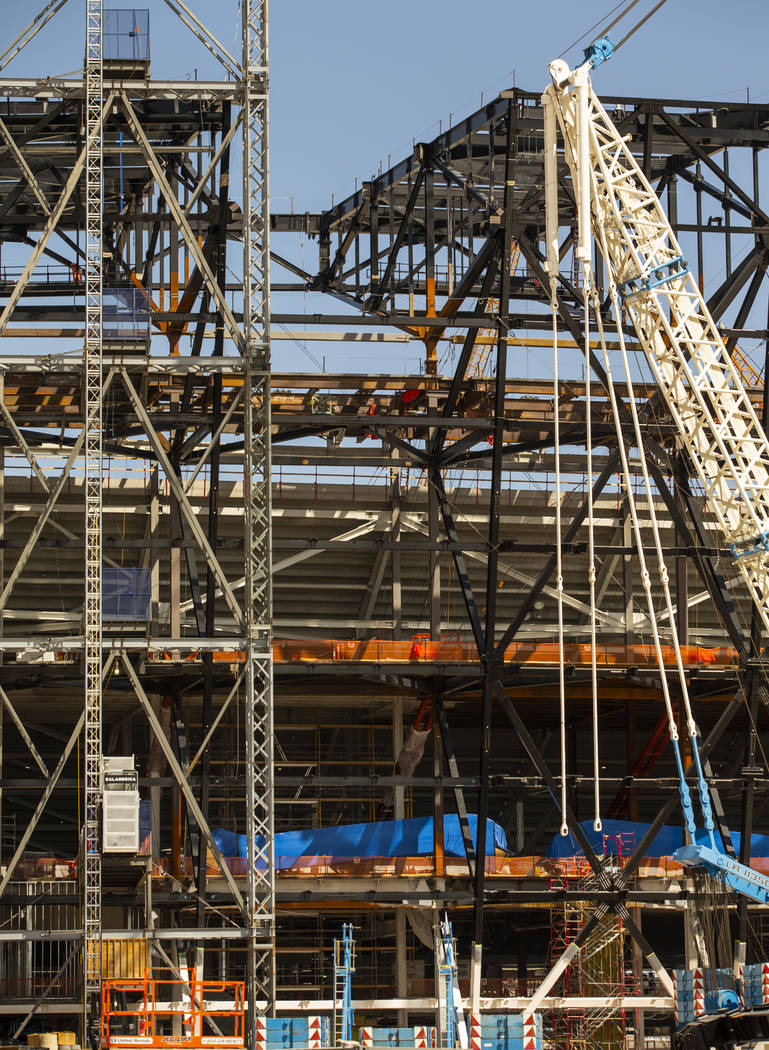 Empty spot atop Raiders Stadium where one of the 65-ton steel canopy trusses was installed and ...