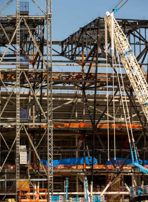 Empty spot atop Raiders Stadium where one of the 65-ton steel canopy trusses was installed and ...