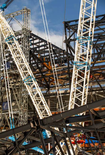 Am empty spot atop Raiders Stadium and one below where one of the 65-ton steel canopy trusses w ...