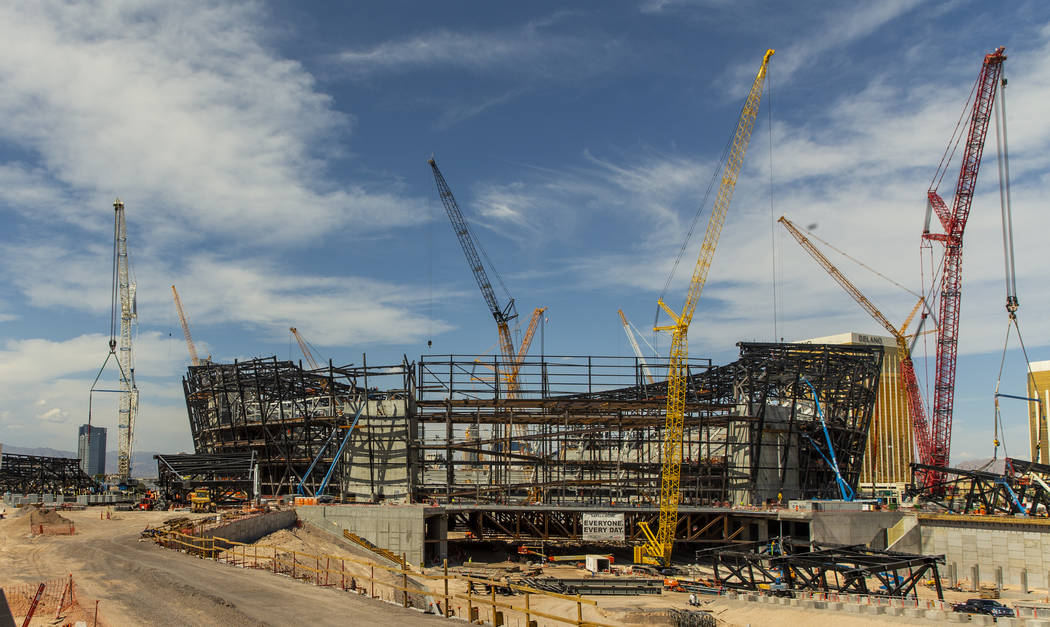 Several trusses are on the ground at the Raiders Stadium where one of the 65-ton steel canopy t ...