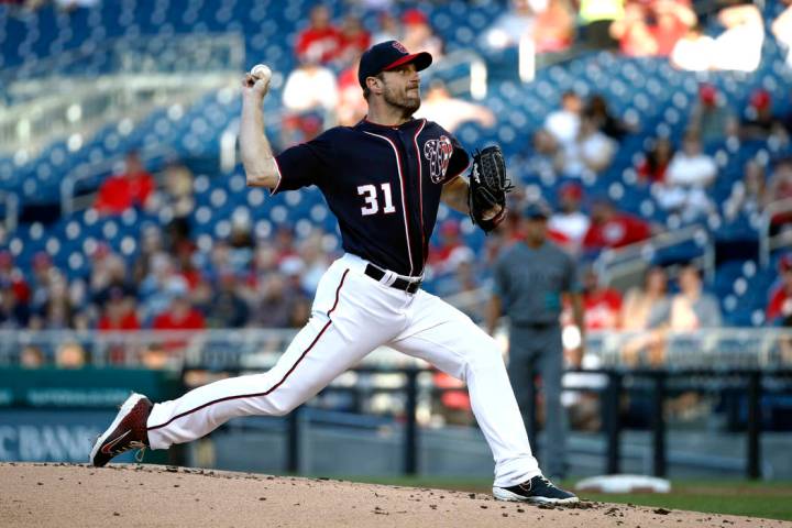 Washington Nationals starting pitcher Max Scherzer throws to an Arizona Diamondbacks batter dur ...