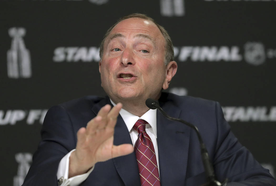 NHL Commissioner Gary Bettman speaks to the media before Game 1 of the NHL hockey Stanley Cup F ...