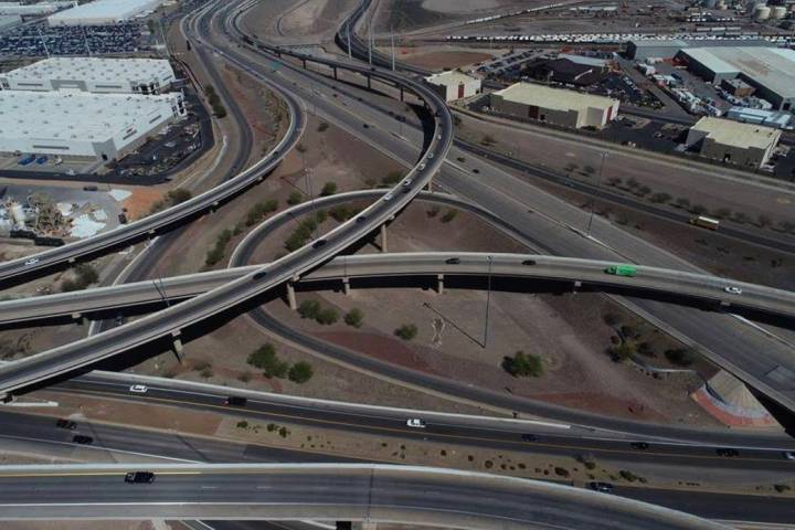 An aerial photo of the Henderson Spaghetti Bowl taken April, 2, 2019. (NDOT)