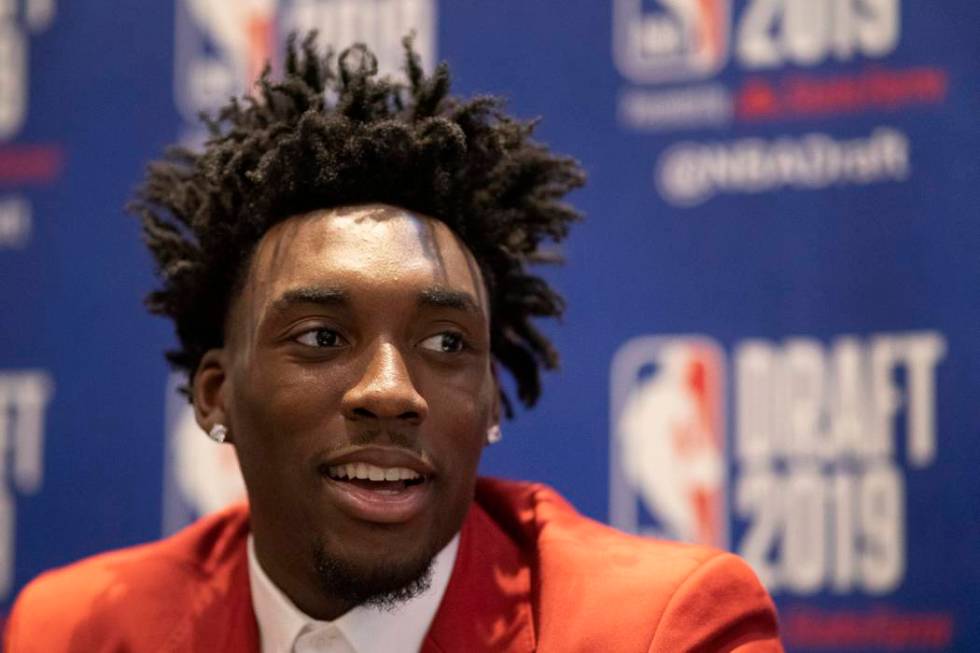 Nassir Little, a freshman basketball player from North Carolina, attends the NBA Draft media av ...