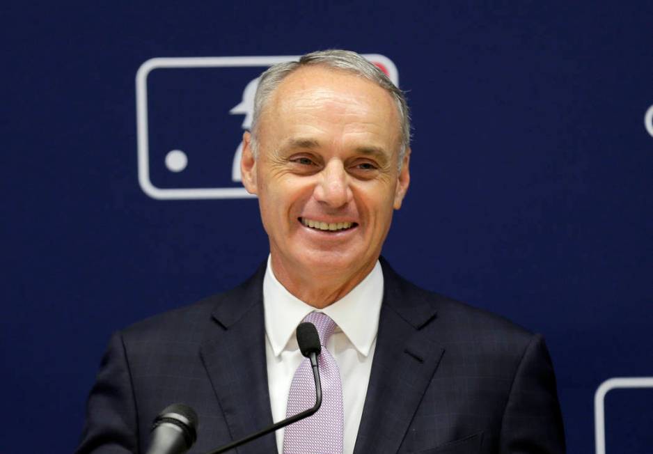 Major League Baseball commissioner Rob Manfred speaks to reporters after a meeting of baseball ...