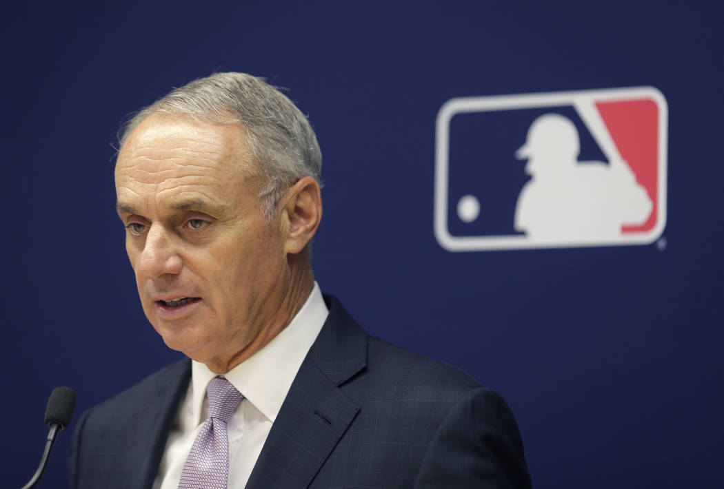 Major League Baseball commissioner Rob Manfred speaks to reporters after a meeting of baseball ...