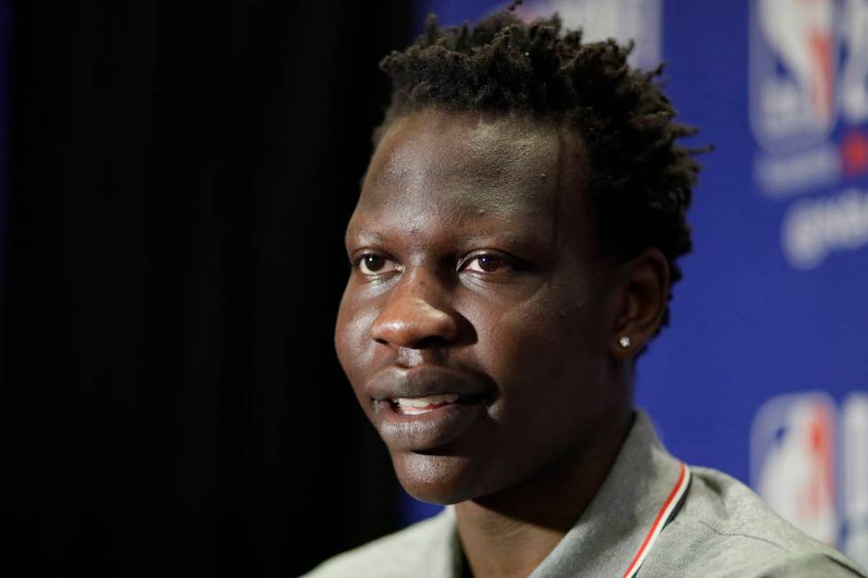 Bol Bol, a freshman basketball player from Oregon, attends the NBA Draft media availability, We ...