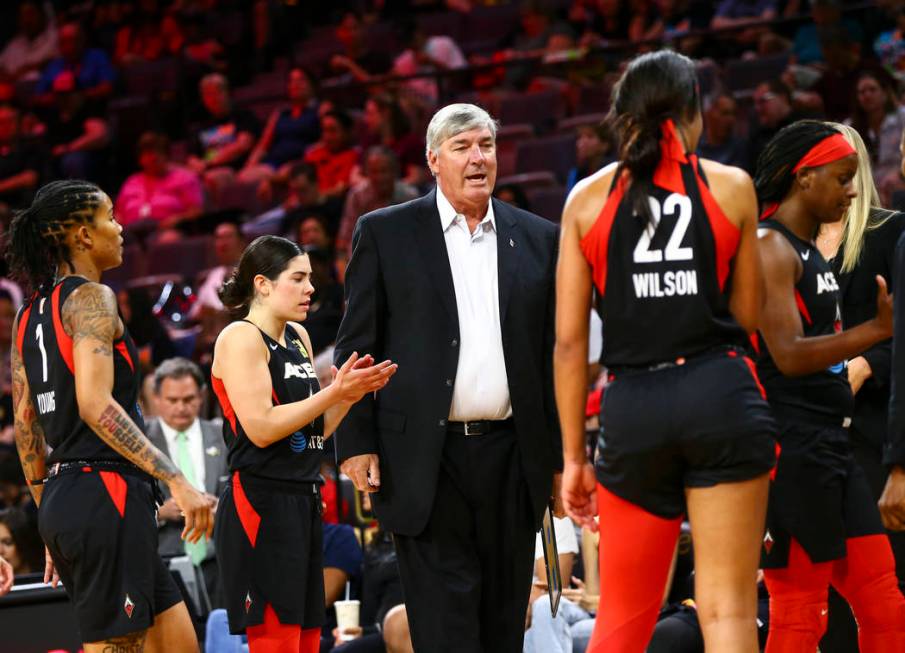 Las Vegas Aces head coach Bill Laimbeer talks with Las Vegas Aces center A'ja Wilson (22) durin ...