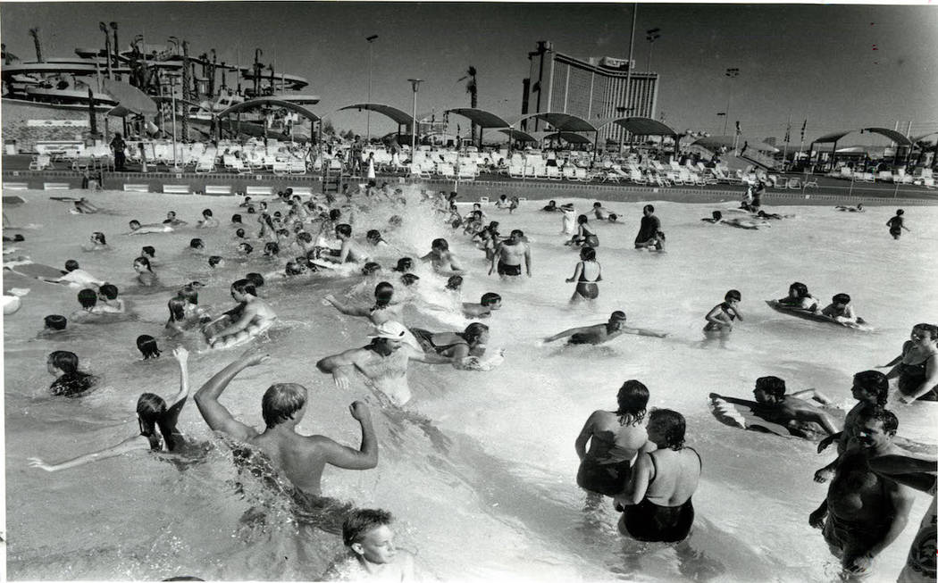 Attendees take cool off in the wave pool at Wet 'n Wild on Las Vegas Boulevard in 1989. (Don Eu ...