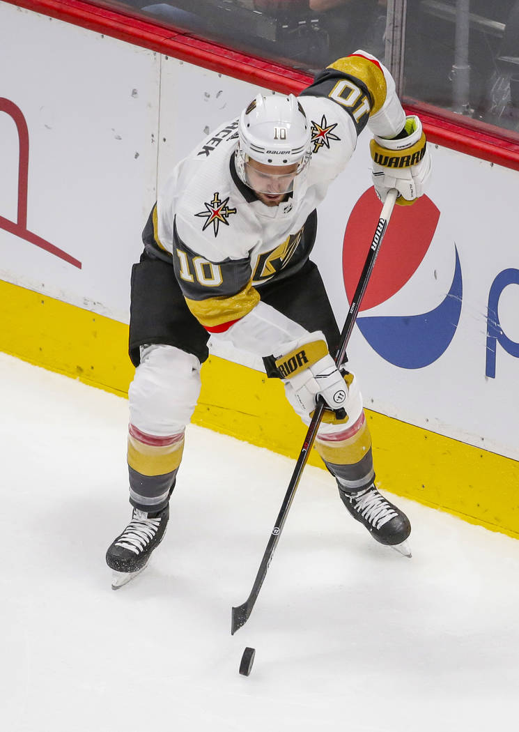 Vegas Golden Knights center Brooks Macek (10) skates against the Colorado Avalanche during the ...