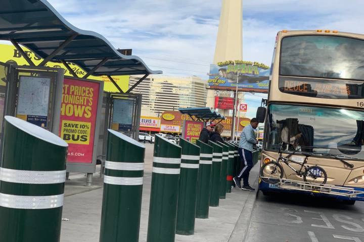 Steel bollards like the ones pictured in front of a bus shelter on Las Vegas Boulevard near Sah ...
