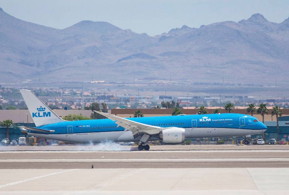 KLM Royal Dutch Airlines flight 635 lands at McCarran International Airport on Thursday, June 6 ...