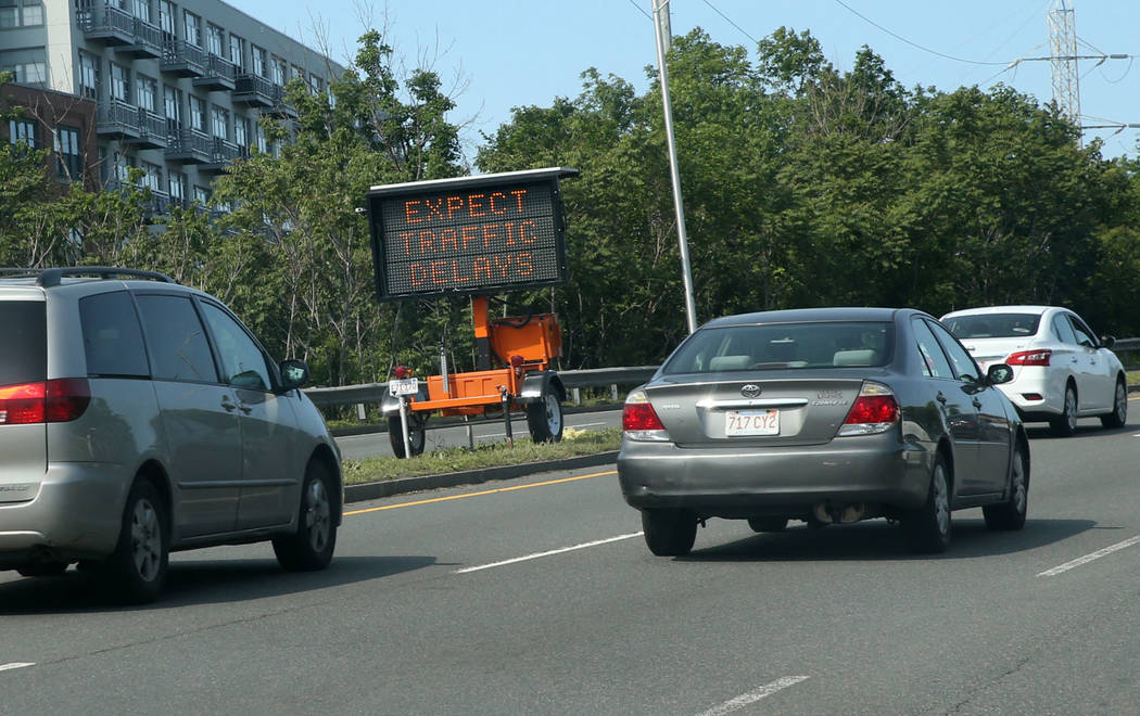 A sign approaching Encore Boston Harbor in Everett, Mass., Saturday, June 22, 2019, warns of tr ...