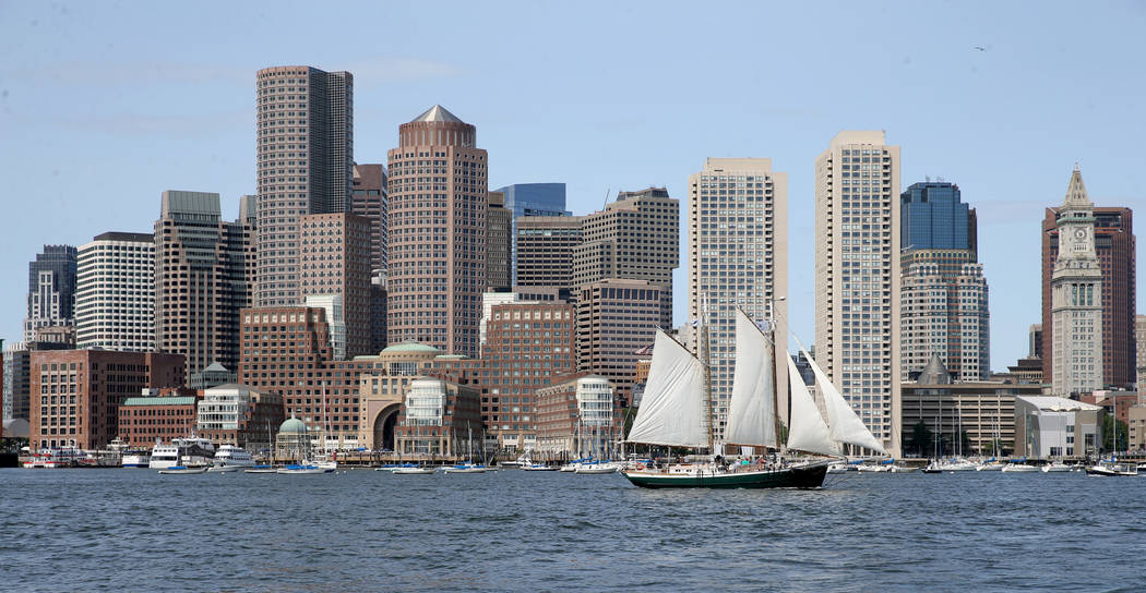 The Boston skyline is seen from a luxury harbor shuttle from Encore Boston Harbor in Everett, M ...