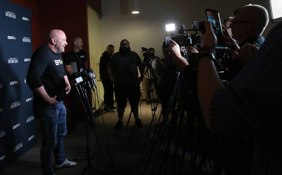 Ultimate Fighting Championship president Dana White talks to the news media about the opening w ...