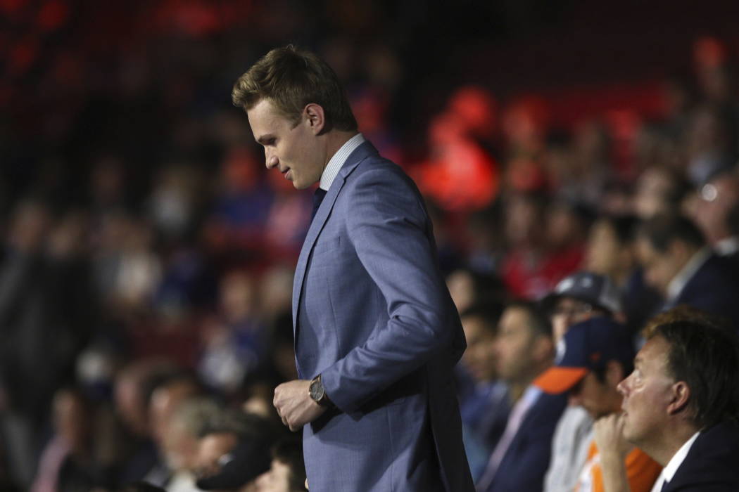 Vegas Golden Knights select Kaedan Korczak looks on during the second round of the NHL hockey d ...