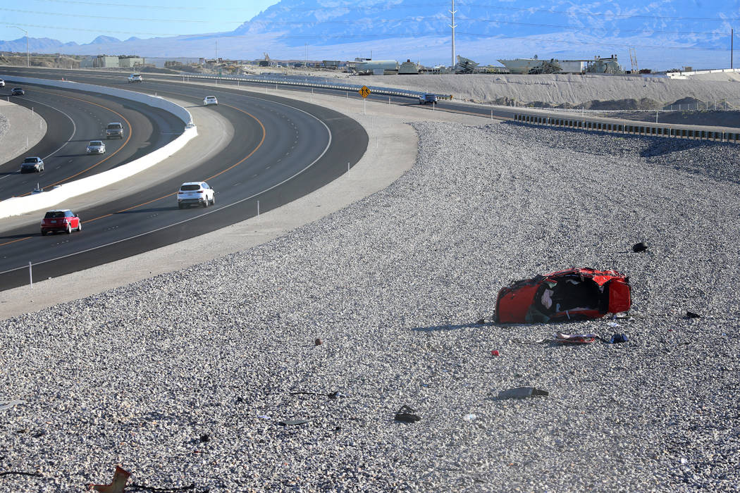 A car crash on the 215 Beltway near Lone Mountain Road in Las Vegas, Saturday, June 22, 2019. ( ...