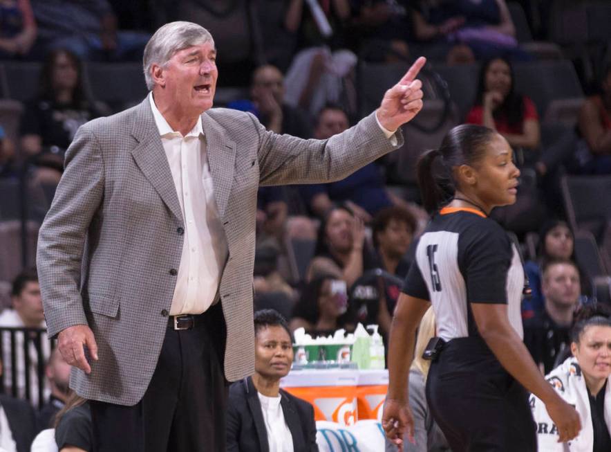 Las Vegas Aces head coach Bill Laimbeer makes a defensive call in the second quarter during Veg ...