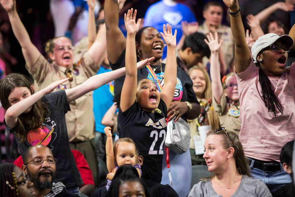 Fans cheer for the Aces in the fourth quarter during their WNBA game with the Dallas Wings on S ...