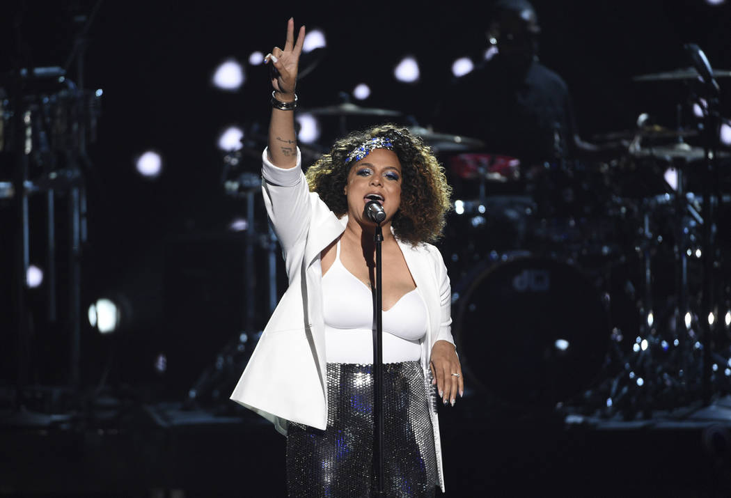 Marsha Ambrosius performs during a tribute to late rapper Nipsey Hussle at the BET Awards on Su ...