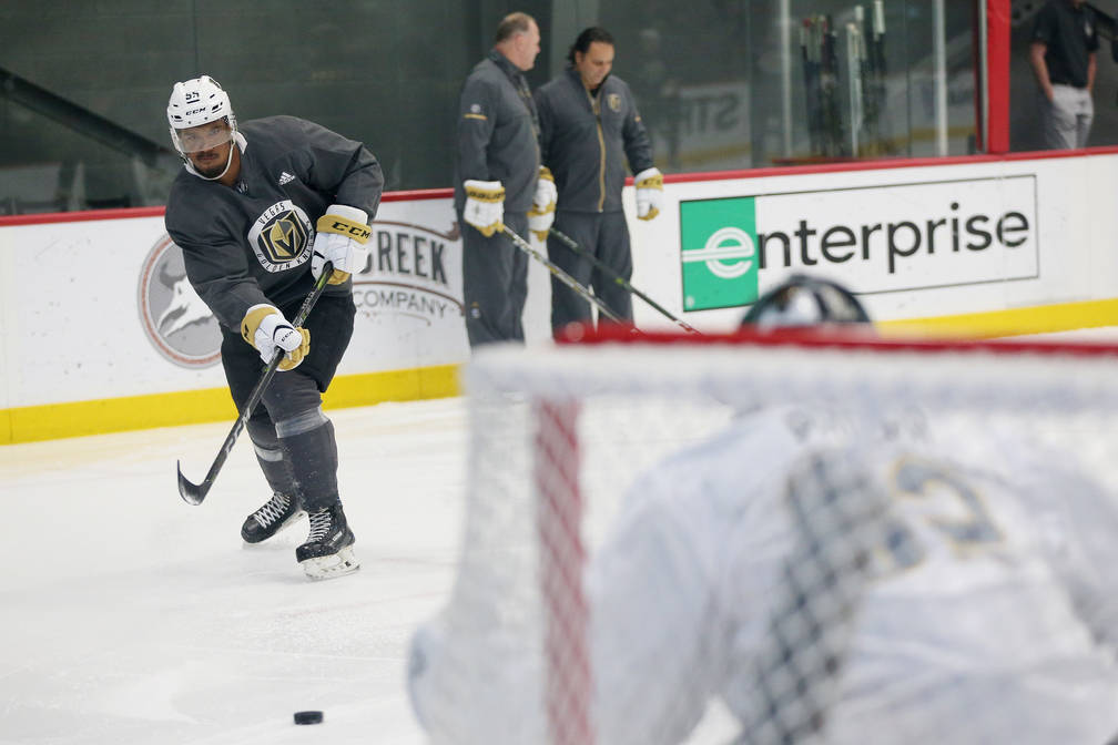 Keegan Kolesar (55) takes a shot during a Vegas Golden Knights development camp at the City Nat ...