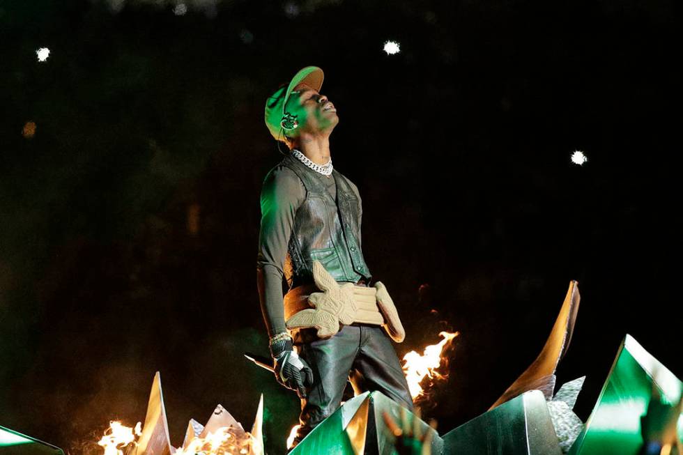 Travis Scott performs during halftime of the NFL Super Bowl 53 football game between the Los An ...