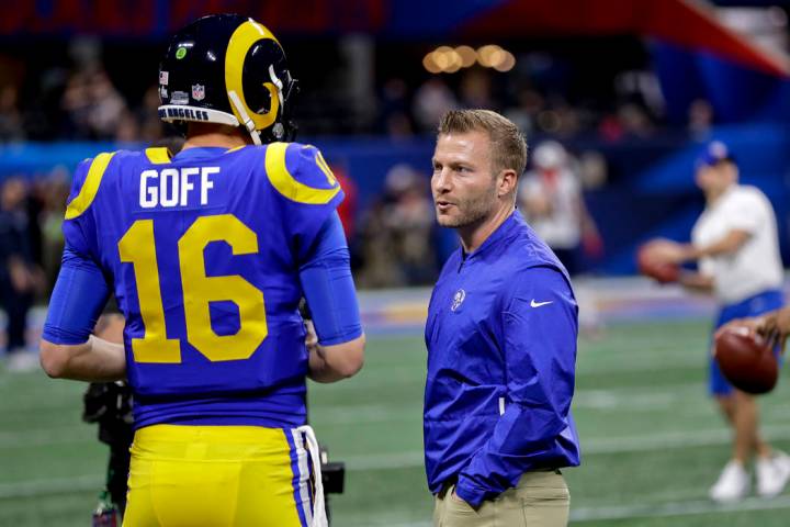 Los Angeles Rams head coach Sean McVay, right, talks with Jared Goff before the NFL Super Bowl ...