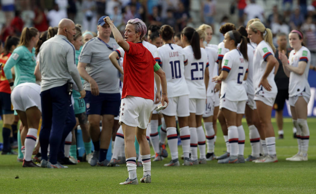 United States'Megan Rapinoe, front, celebrates at the end of the Women's World Cup round of 16 ...