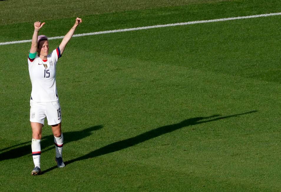 United States' Megan Rapinoe celebrates after scoring her side's second goal from the penalty s ...
