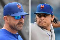 The New York Mets have fined manager Mickey Callaway, left, and pitcher Jason Vargas for their ...