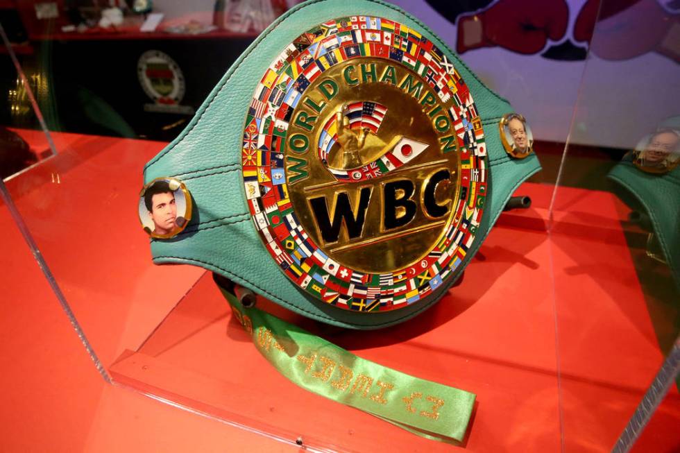 A World Boxing Council championship belt presented to Diego "Chico" Corrales on displ ...
