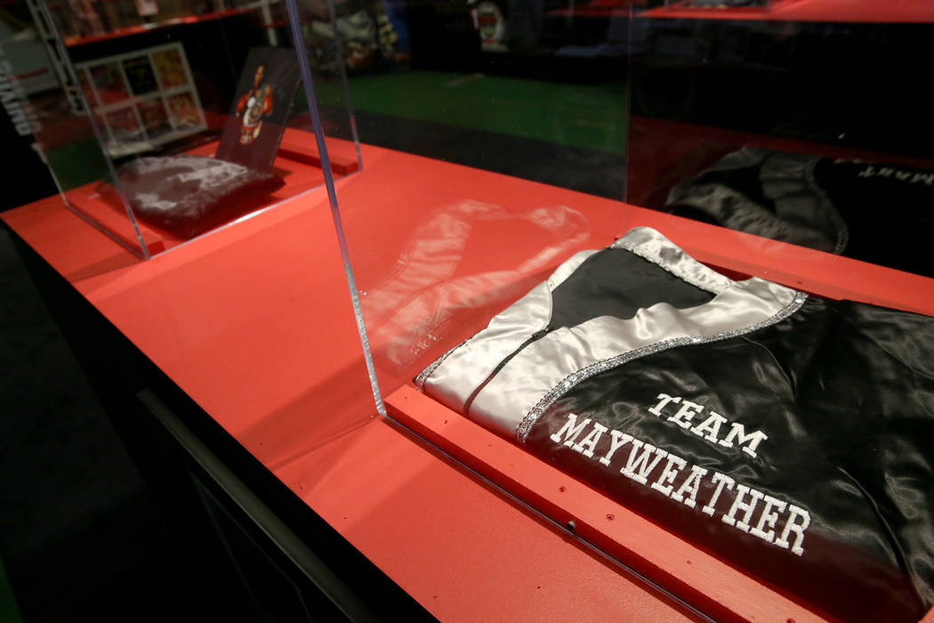 A Floyd Mayweather corner jacket on display at the recently-opened Nevada Boxing Hall of Fame i ...