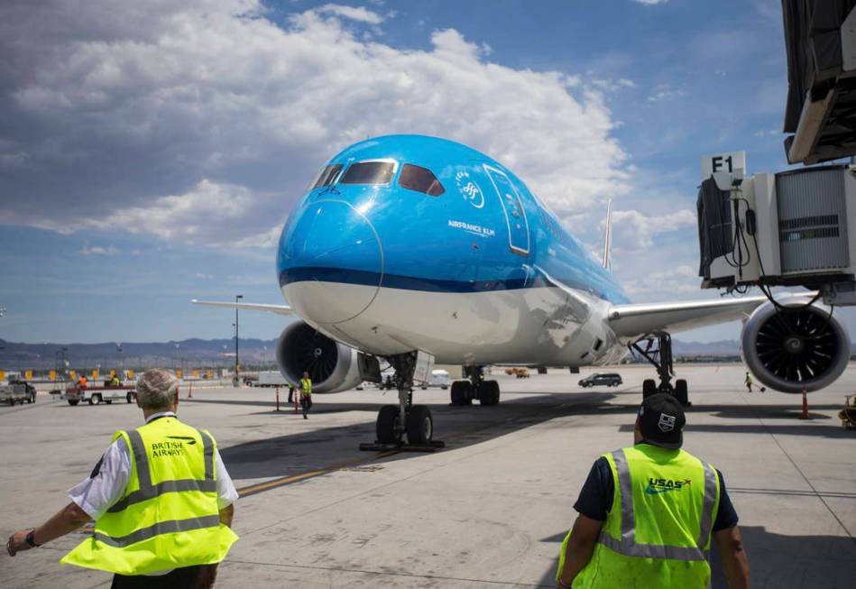 KLM Royal Dutch Airlines flight 635 taxis to its gate at McCarran International Airport on Thur ...