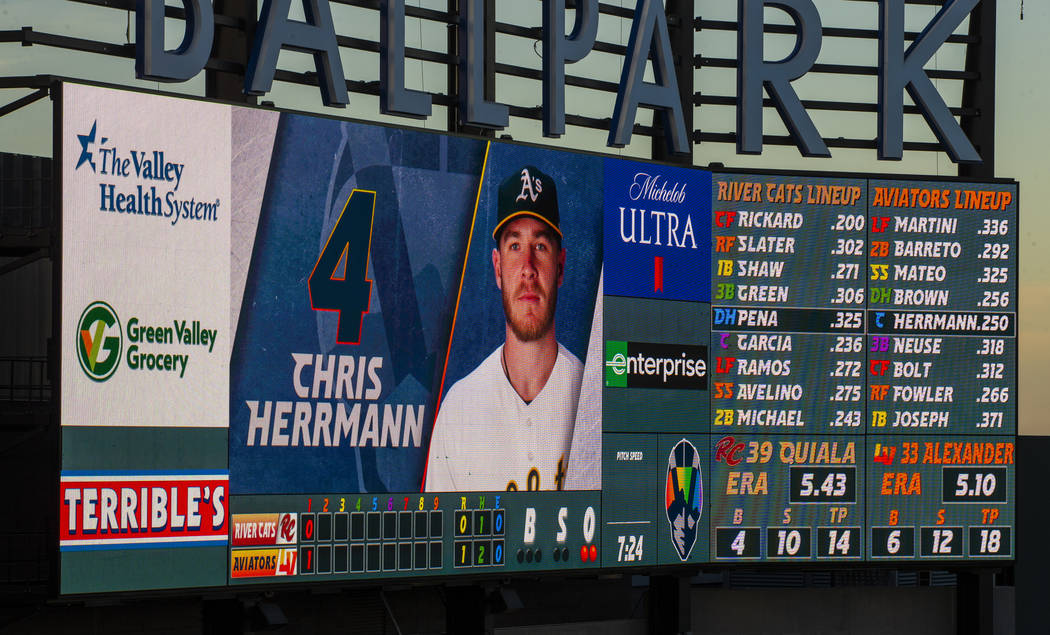 The Aviators scoreboard is awash in rainbow colors during Pride Night at the Las Vegas Ballpark ...