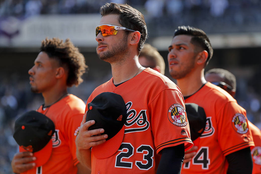 Baltimore Orioles right fielder Joey Rickard (23) stands with teammates during the 7th inning s ...