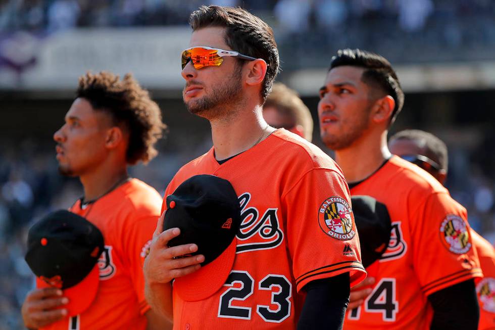 Baltimore Orioles right fielder Joey Rickard (23) stands with teammates during the 7th inning s ...