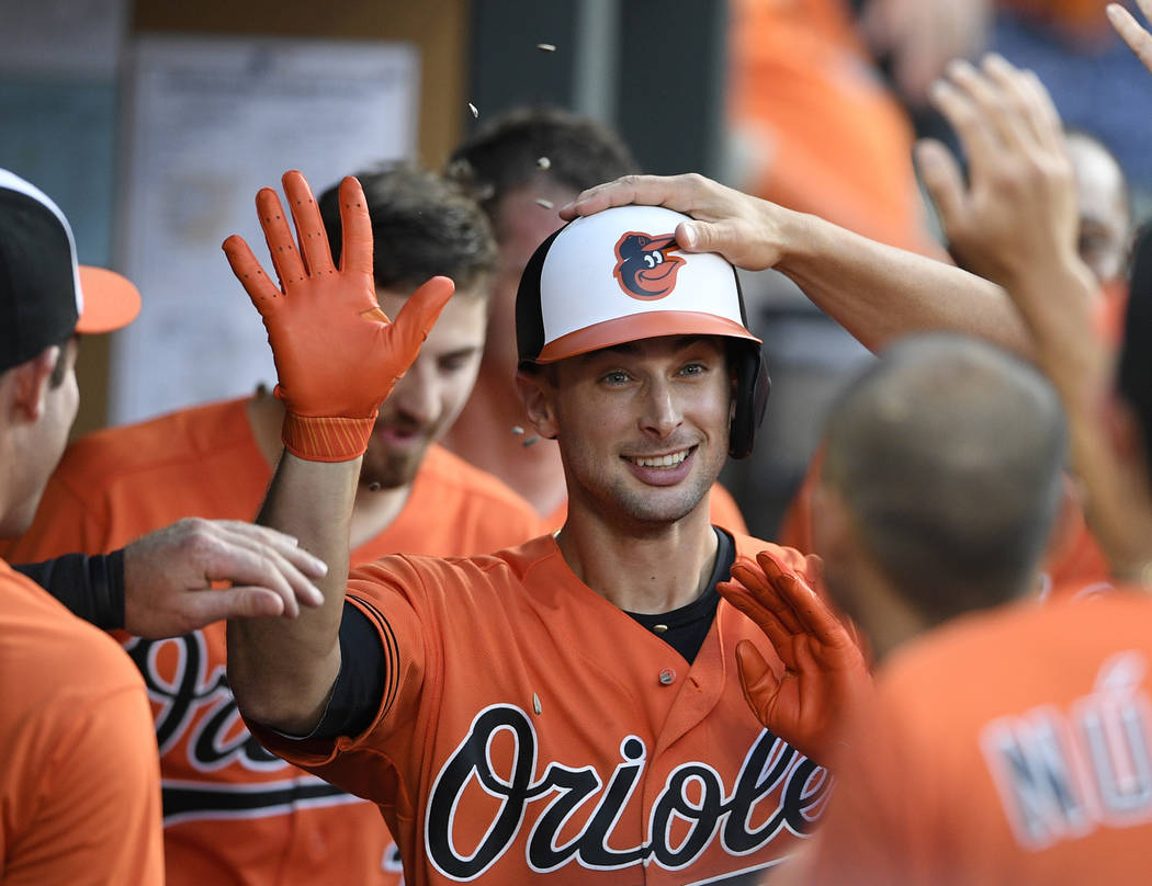 Baltimore Orioles' Joey Rickard celebrates his home run with teammates in the dugout during the ...