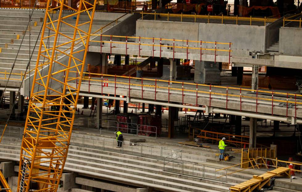 Platforms are being installed which will hold seating in the Raiders Stadium as construction co ...