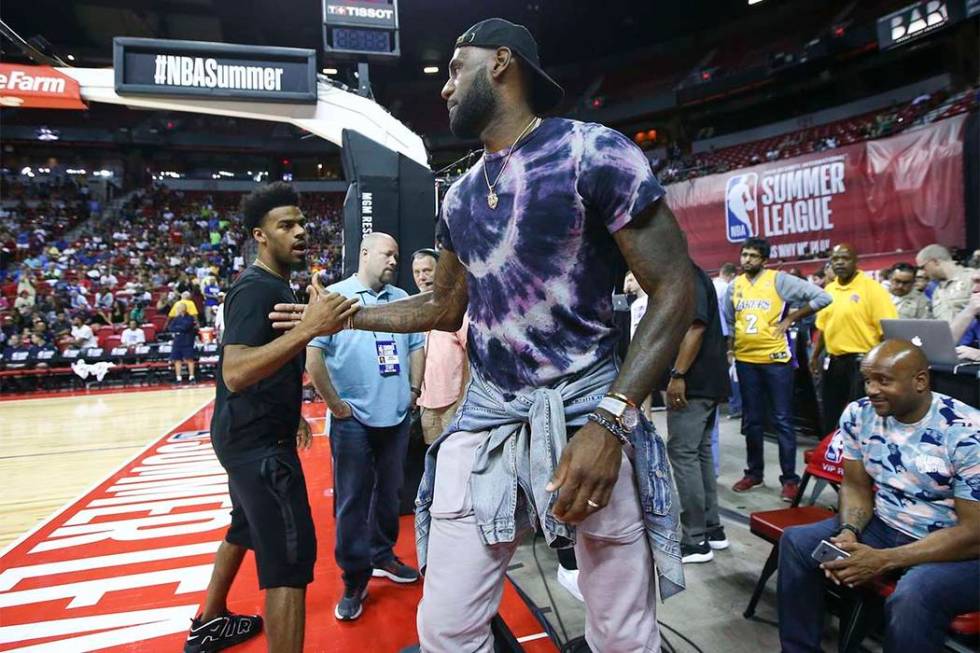 LeBron James at halftime as the Los Angeles Lakers play the Philadelphia 76ers in a basketball ...