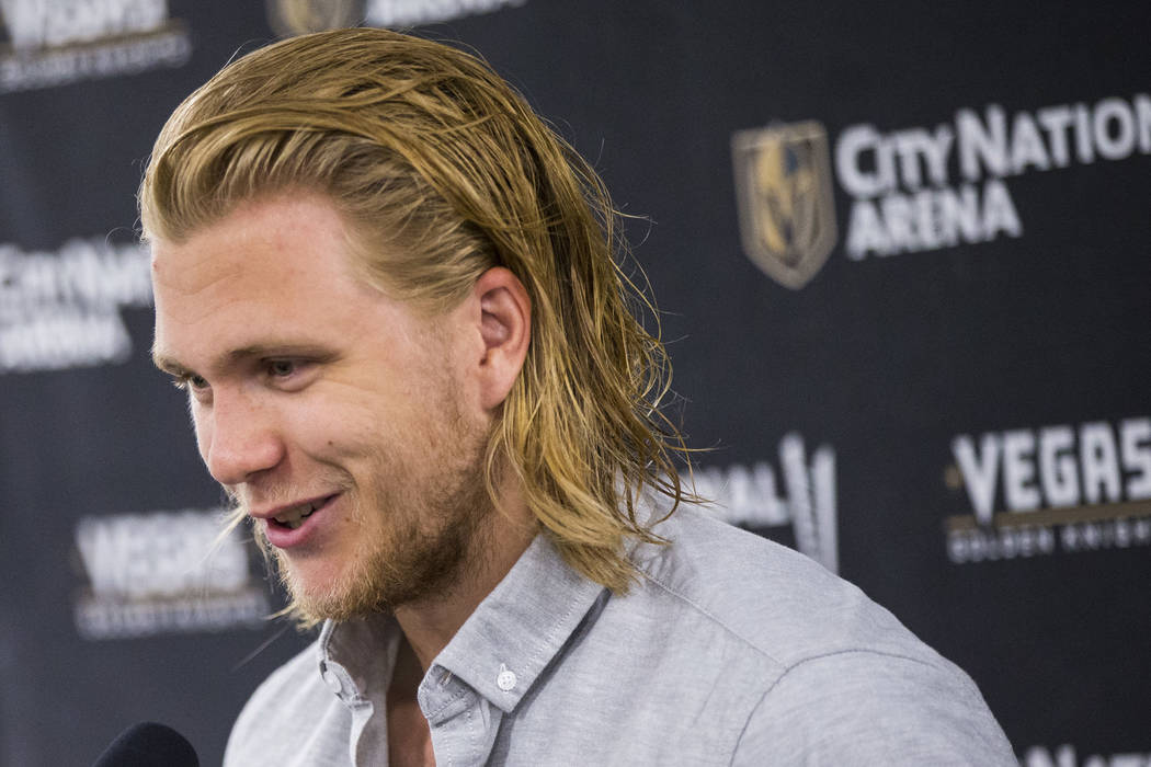 Golden Knights center William Karlsson speaks during a news conference at at City National Aren ...