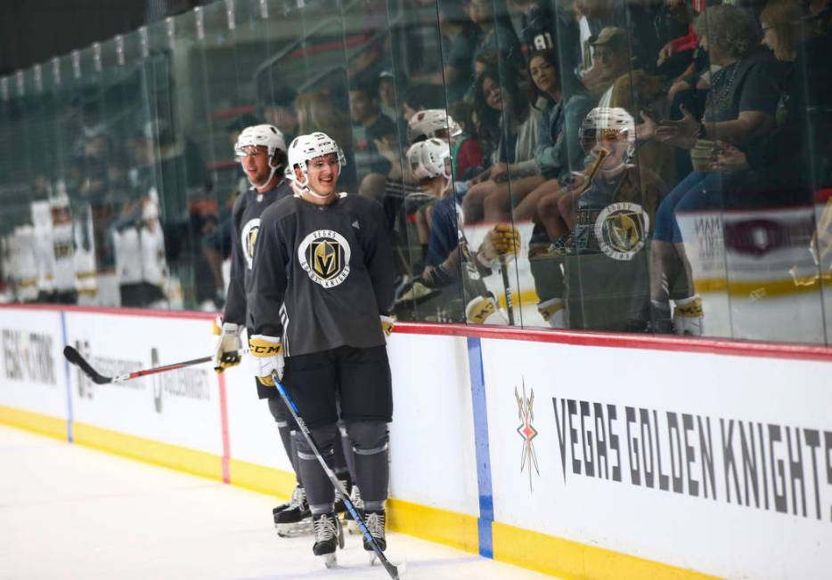 Golden Knights prospect Peter Diliberatore looks up at the crowd during the first day of develo ...