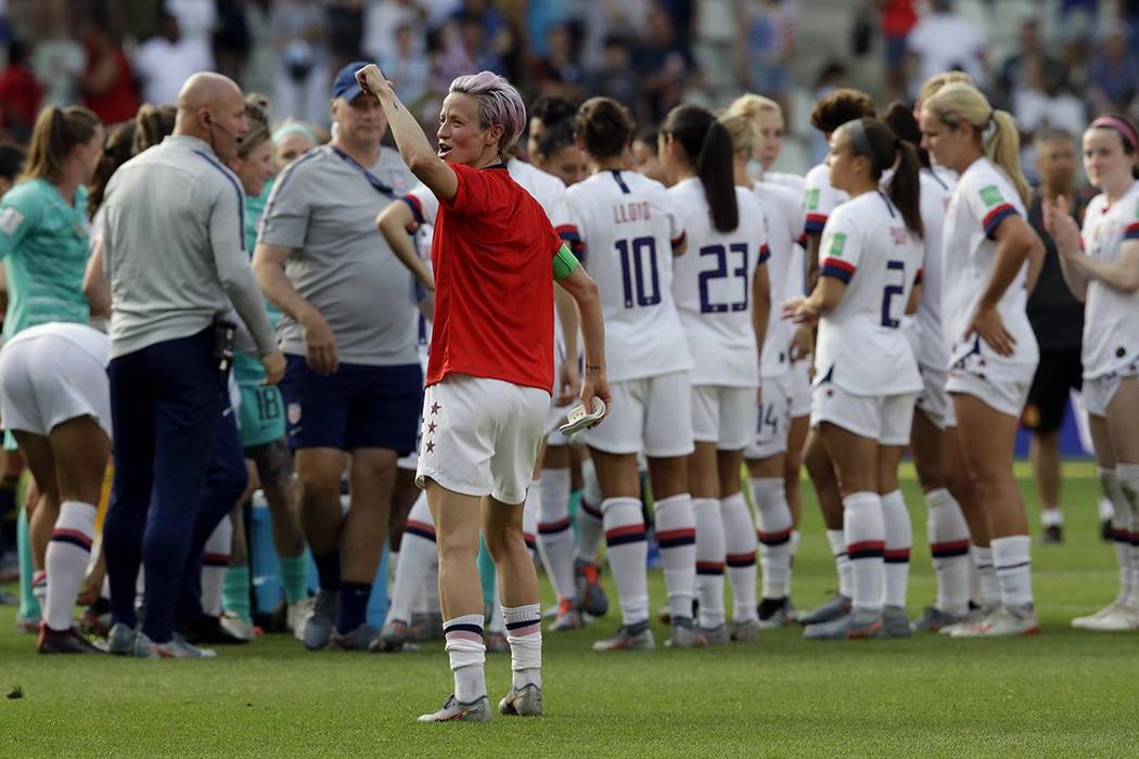 United States' Megan Rapinoe, front, celebrates at the end of the Women's World Cup round of 16 ...